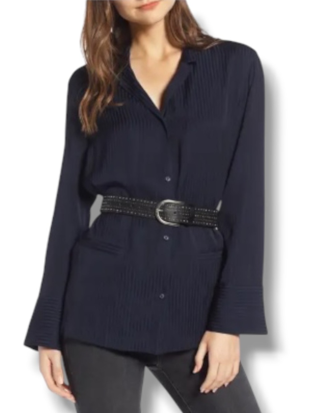 Treasure & Bond Women’s Dark Blue Collared Top Work Career Blouse Subtle Stripes